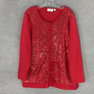 Quacker Factory Cardigan Attached Tank Top Women 1X Red Sequin Button Up Sweater